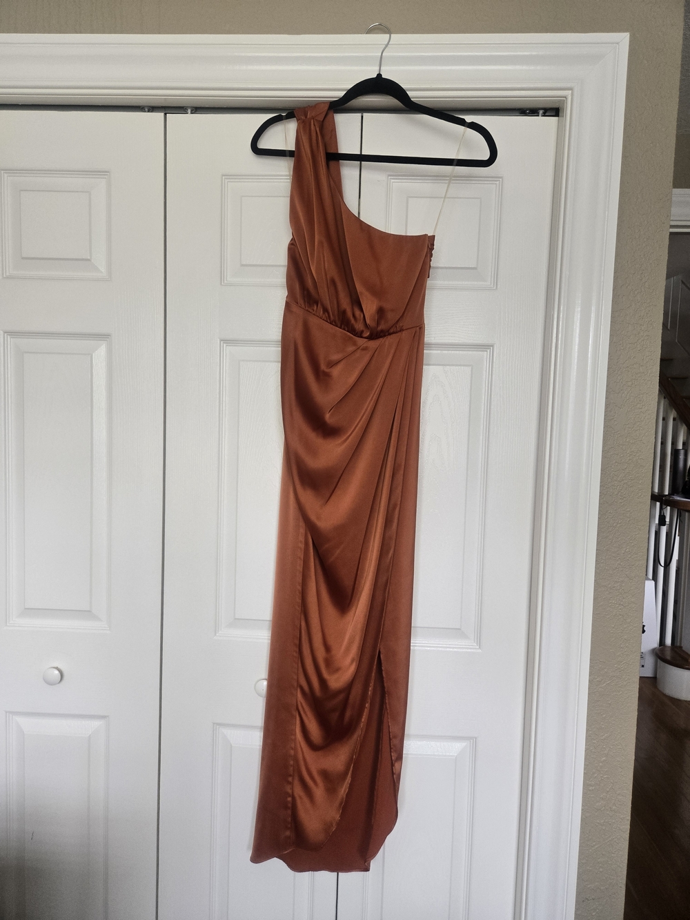 Showpo One-Shoulder Satin Gown in Rust